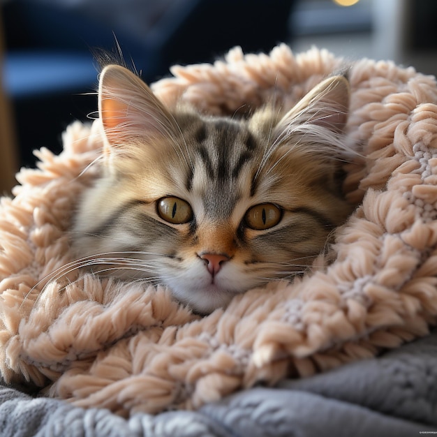 Un gato peludo acurrucado en una cómoda canasta