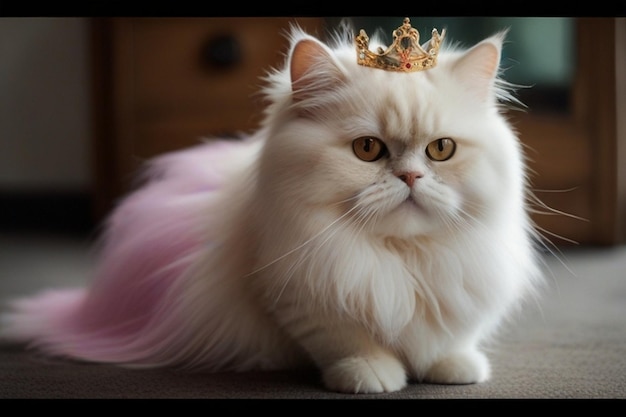 un gato peludo blanco con una corona en la cabeza