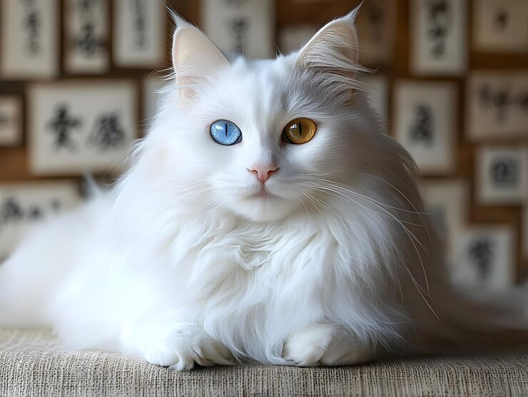 Un gato peludo blanco con diferentes colores de ojos azules y ámbar sentado y mirando a la cámara