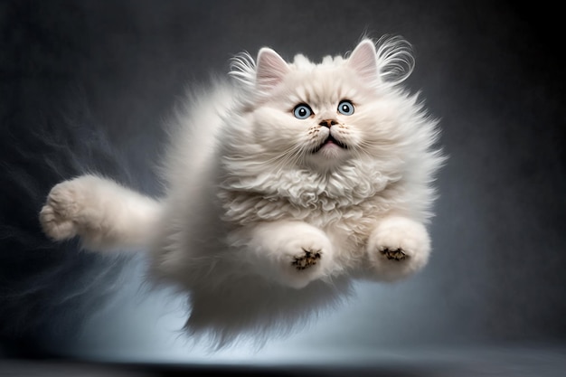 Un gato peludo blanco está volando en el aire