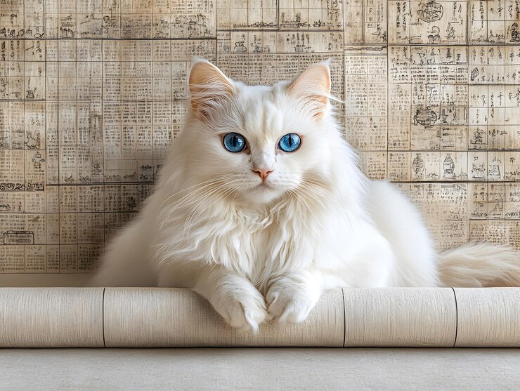 Un gato peludo blanco con ojos azules brillantes sentado generativo de IA