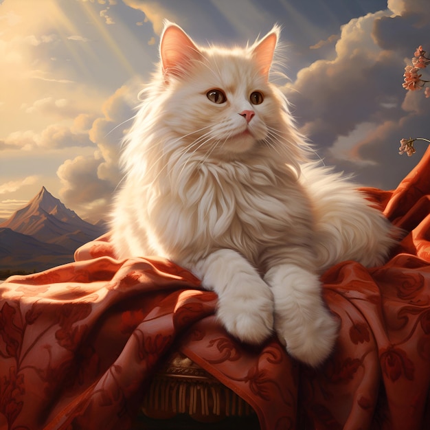 un gato peludo blanco se sienta en una manta roja con montañas en el fondo