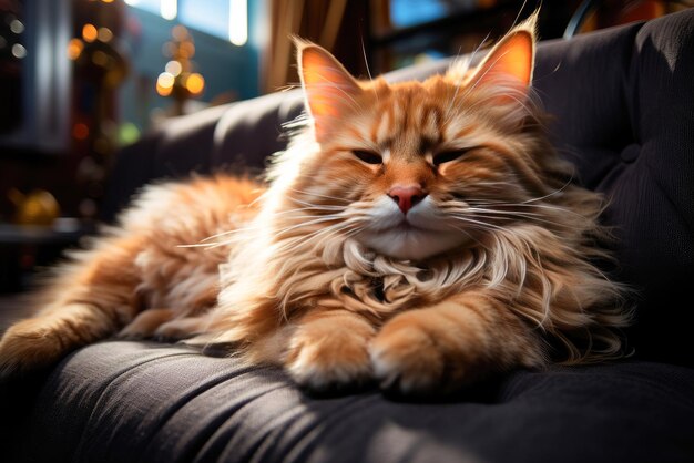 El gato peludo duerme en un sofá acogedor en casa.