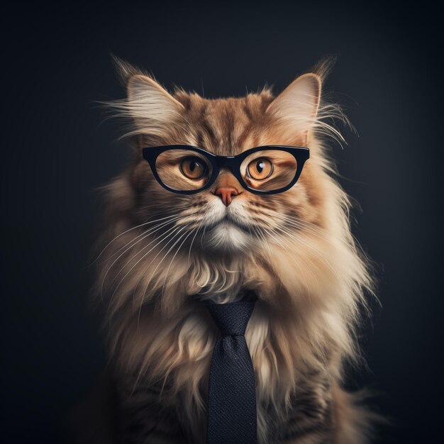 Gato peludo con gafas y corbata