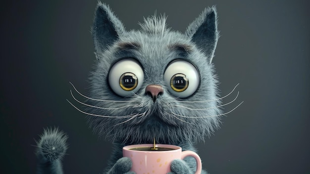 Gato peludo gris con una taza rosa en sus patas en un lugar de fondo gris para el concepto de texto de bueno