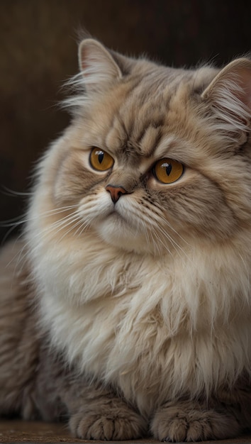 un gato peludo con ojos amarillos y una nariz negra