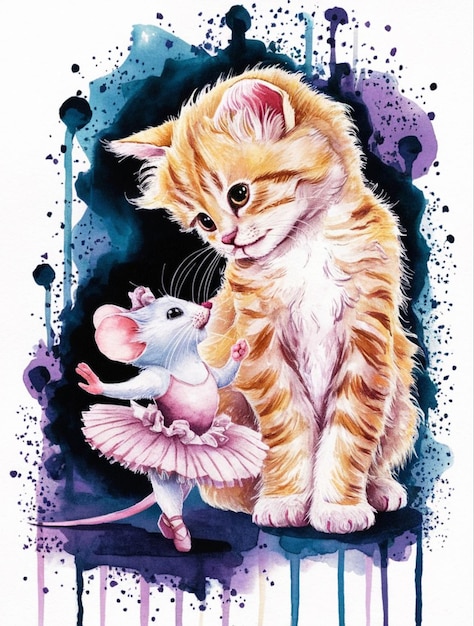 Gato peludo y ratón blanco acuarela pintando un gatito tabby besando a una rata