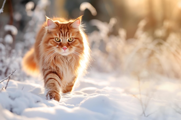 El gato peludo rojo camina por el bosque en la nieve de invierno a su alrededor.