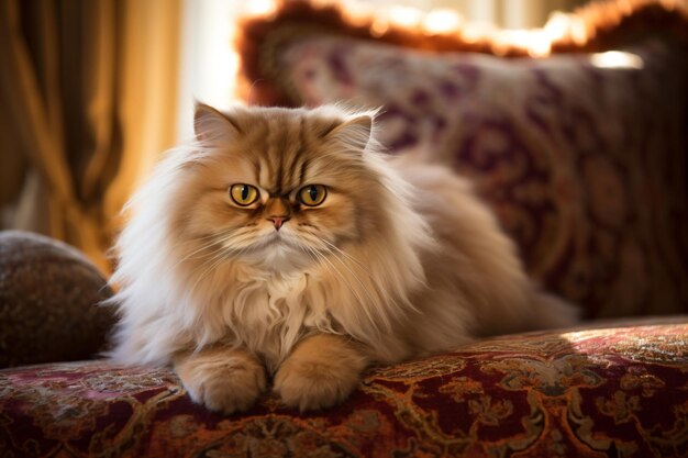 un gato peludo sentado en un sofá en una habitación