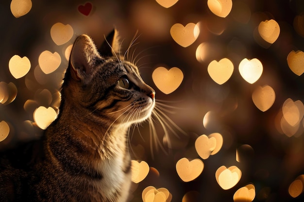 Un gato pensativo mira a la distancia con luces bokeh en forma de corazón que lo rodean