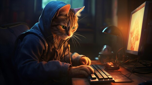 Un gato en una pequeña computadora como el fondo de un juego