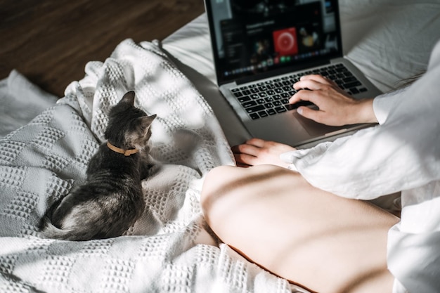 Gato y pequeño gatito mirando la computadora portátil mientras su dueña trabaja con él en casa