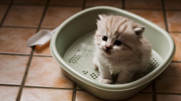 Foto gato pequeño en una litera de plástico gato en el suelo