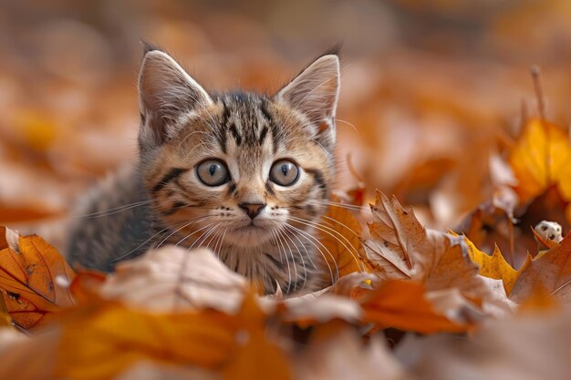 Gato pequeño sentado en una pila de hojas