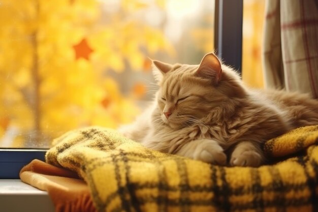 Foto el gato perezoso duerme en un cálido y acogedor alféizar en el concepto hygge del clima otoñal