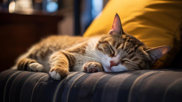 Gato perezoso durmiendo en el sofá