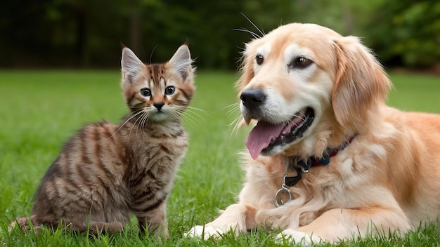 Gato y perro Abisinia gatito golden retriever mira a la derecha