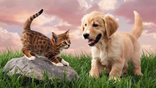 Gato y perro Abisinia gatito golden retriever mira a la derecha