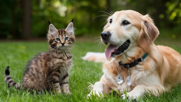 Gato y perro Abisinia gatito golden retriever mira a la derecha