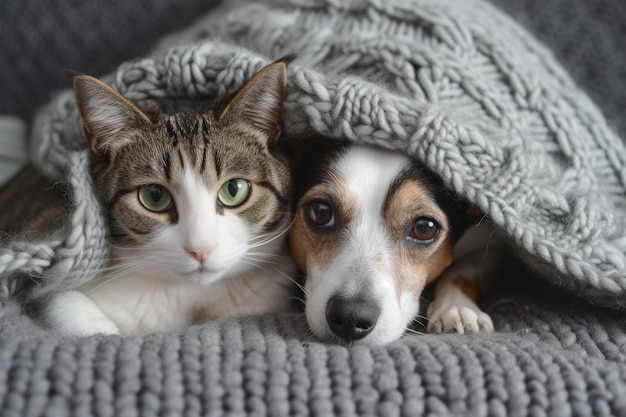 Gato y perro acurrucados juntos bajo una gruesa manta de punto gris compañeros en la comodidad