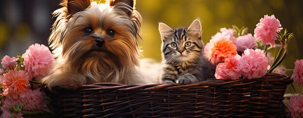 gato y perro en la canasta amigos mascotas