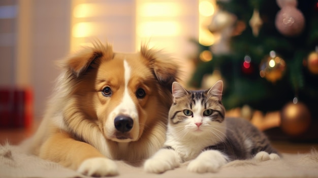 Gato y perro cerca del árbol de Navidad IA generativa