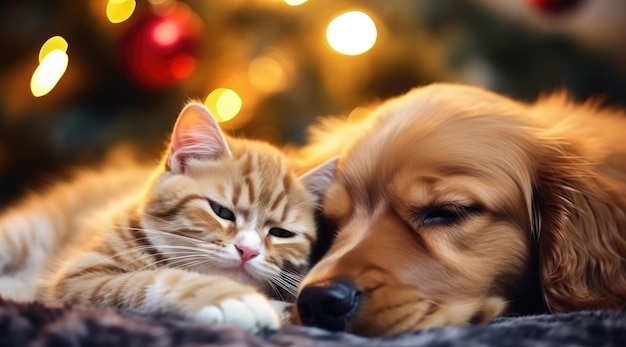 Gato y perro cerca del árbol de Navidad IA generativa