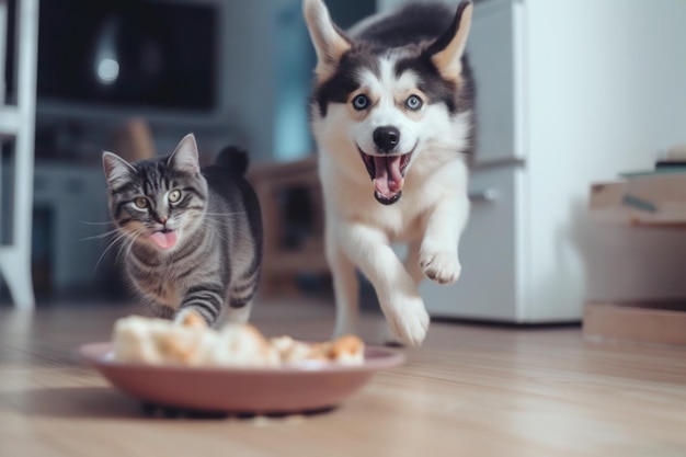 Gato y perro cerca de un cuenco de comida generativa ai