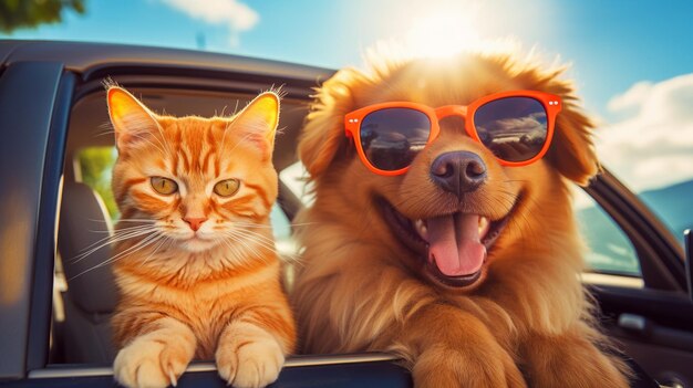 Foto gato y perro en el coche