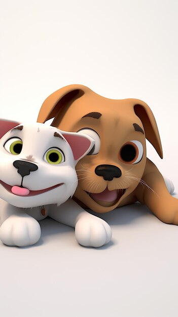 Foto gato y perro de dibujos animados en 3d relajándose sobre un fondo blanco