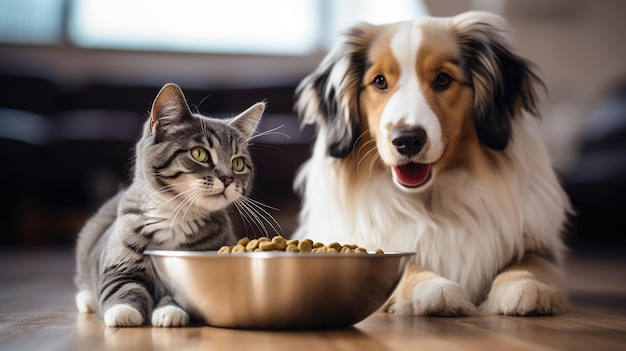 Foto el gato y el perro disfrutan de la comida y de la compañía