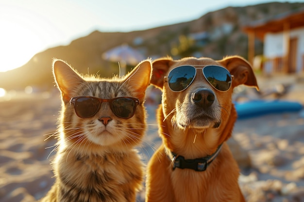 Gato y perro disfrutando de las vacaciones de verano juntos en un destino soleado.