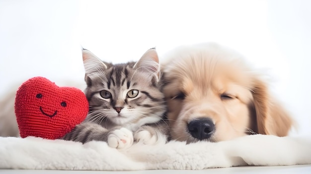 gato y perro durmiendo con juguete de corazón rojo sobre fondo blanco
