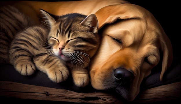 Gato y perro durmiendo juntos Gatito y cachorro tomando siesta Mascotas caseras Amor y amistad