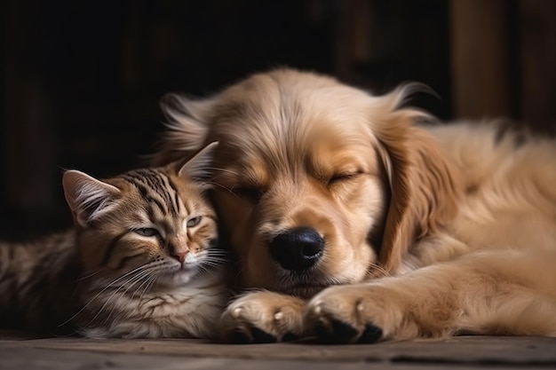 Gato y perro durmiendo juntos Generative Ai