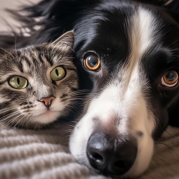 Foto un gato y un perro están acostados en una manta.