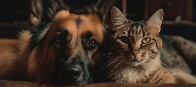 Un gato y un perro están uno al lado del otro.