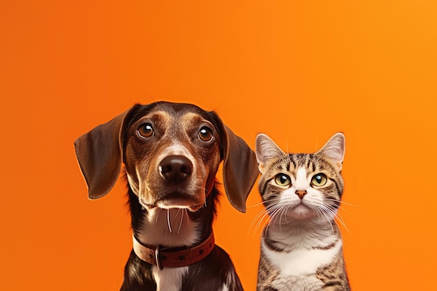 Un gato y un perro están sentados juntos frente a un fondo naranja IA generativa