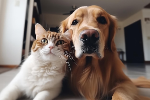 Un gato y un perro están sentados juntos en el suelo.