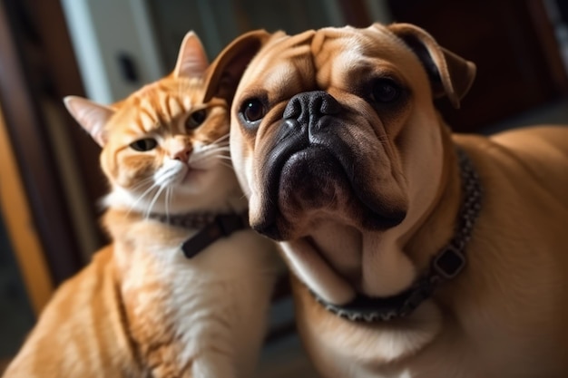 Un gato y un perro están sentados juntos.