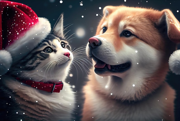 Gato y perro felices disfrazados de Papá Noel con luz bokeh y fondo de copos de nieve Concepto de animal y día de Navidad IA generativa