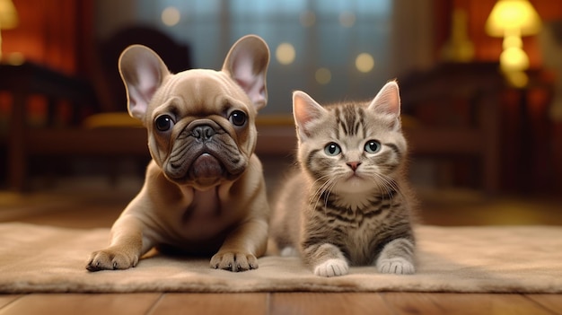 Gato y perro Gatito británico y cachorro Bulldog francés