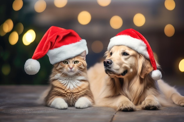 Un gato y un perro golden retriever con sombreros de Papá Noel sobre un fondo de bokeh brillante Navidad y Año Nuevo con mascotas