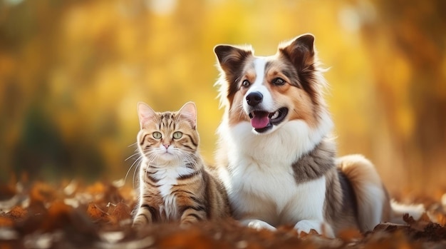 Gato y perro juntos en el parque de otoño