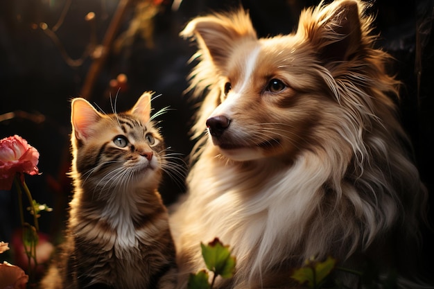 Gato y perro lindos cerca de un ramo de flores en un fondo oscuro