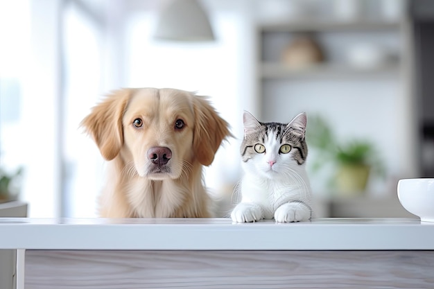 Gato y perro en la mesa