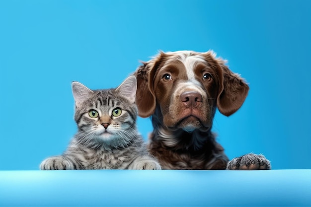 Un gato y un perro miran sobre un fondo azul IA generativa