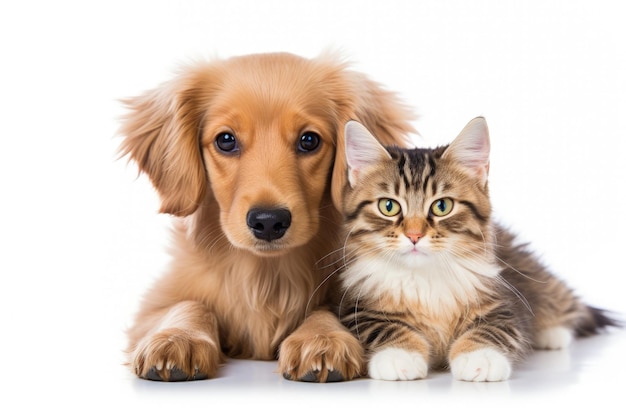 Gato y perro mirando a la cámara sobre un fondo blanco