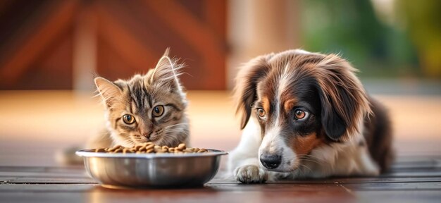 Foto gato y perro mirando cuidadosamente la comida en un cuenco