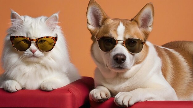 Gato y perro sentados juntos con gafas de sol